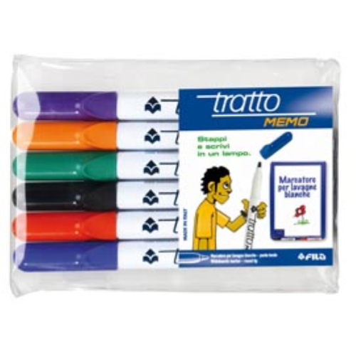 Busta 6 pennarelli Tratto Memo punta tonda a secco per lavagna colori assortiti